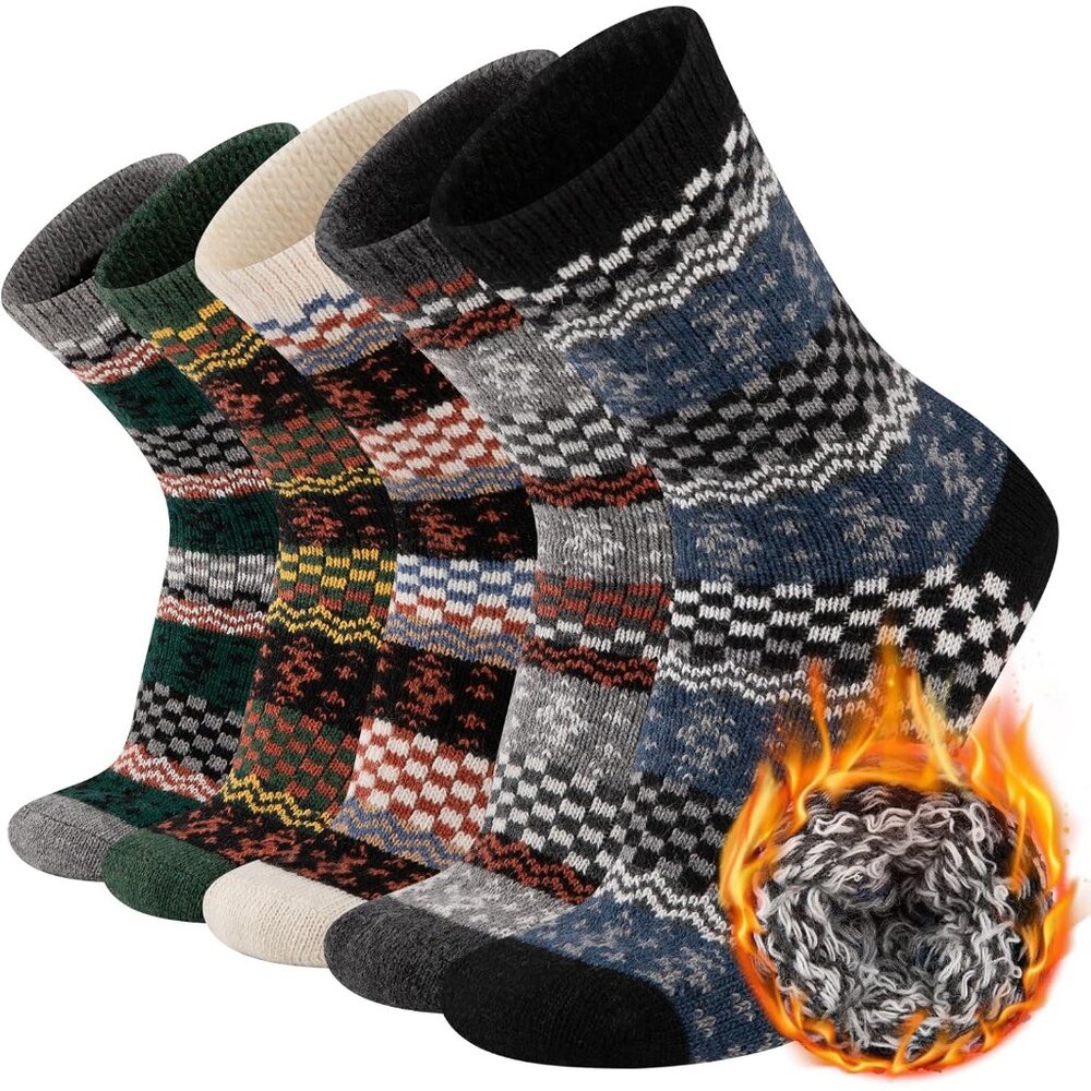Mens Warm Wool Socks Thermal Winter Thick Crew Socks Cold Weather Soft Cozy 5 Pa